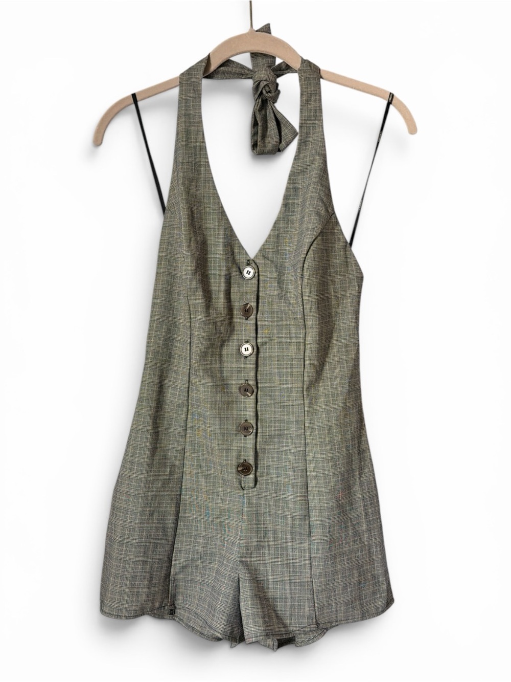 Forever 21 Gray Black White Plaid Shorts Halter Romper Button Up w/ Collar y2k